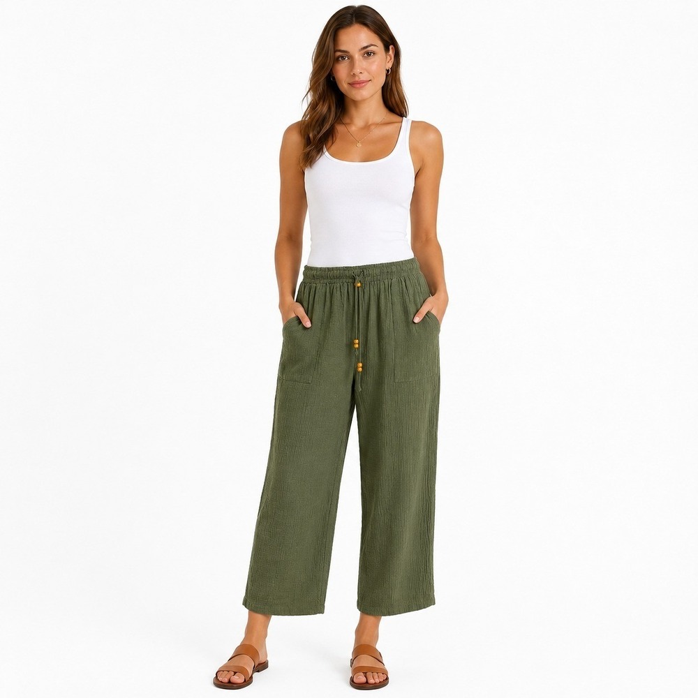 NWT No Comment Olive Green 100% Cotton Capri Lounge Pants